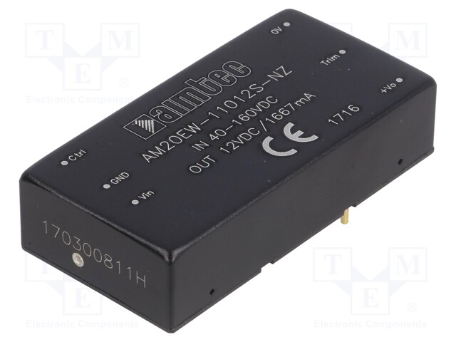 Converter: DC/DC; 20W; Uin: 40÷160V; 12VDC; Iout: 1667mA; 2"x1"; 28g