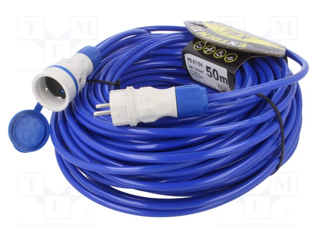 Extension lead; Sockets: 1; PUR; blue; 3x1,5mm2; 50m; 16A