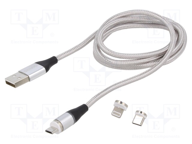 Cable; magnetic,USB 2.0; 1m; grey; 480Mbps; textile; 3A