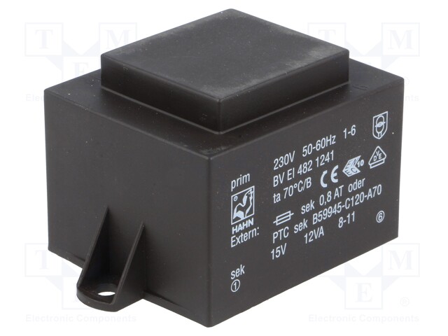 Transformer: encapsulated; 12VA; 230VAC; 15V; 800mA; Mounting: PCB
