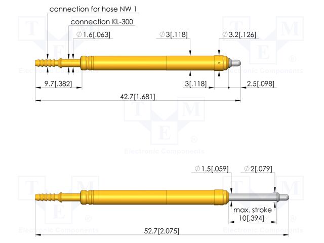 Test needle; Spring compression: 6mm; 10mm; 10A; steel; Ø: 1.3mm