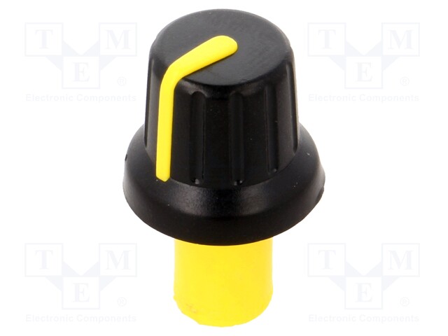 Knob; with pointer; ABS; Shaft d: 6mm; Ø16x14.4mm; black; push-in