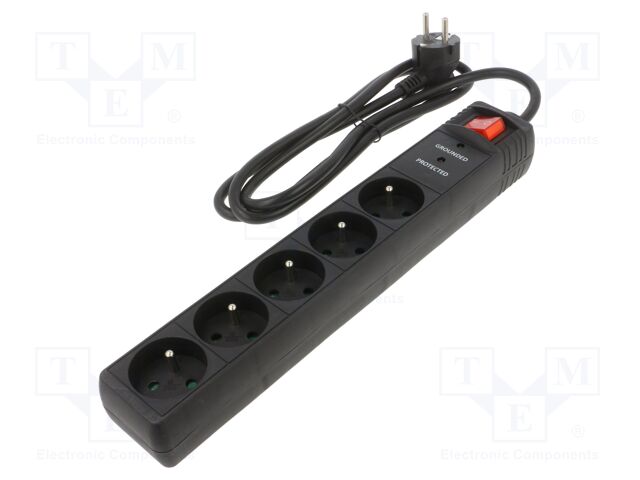 Plug socket strip: protective; Sockets: 5; 250VAC; 16A; black