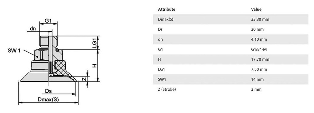Suction cup; 30mm; 11.2g; G 1/8 M; Shore hardness: 55; 1.6cm3; SUF