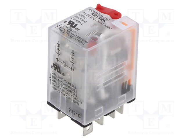 Relay: electromagnetic industrial; DPDT; 220VAC; 20A/277VAC; 15kΩ