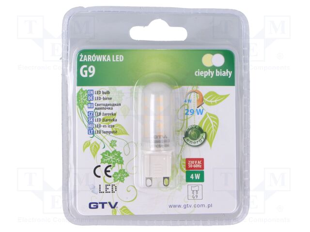 LED lamp; warm white; G9; 230VAC; 300lm; 4W; 360°; 3000K
