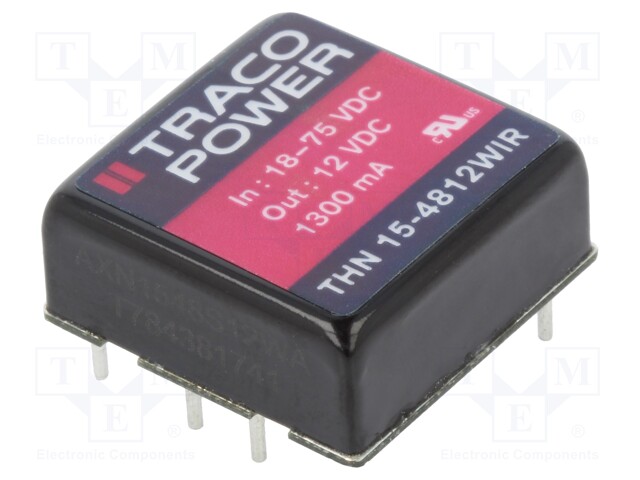 Converter: DC/DC; 15W; Uin: 18÷75V; 12VDC; Iout: 1300mA; 1"x1"; 16.5g