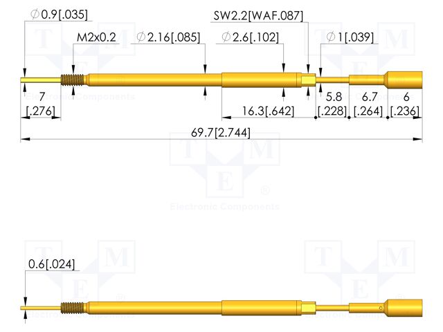 Test needle; Spring compression: 5mm; 5.5mm; 8A; steel; Ø: 3mm; 10N