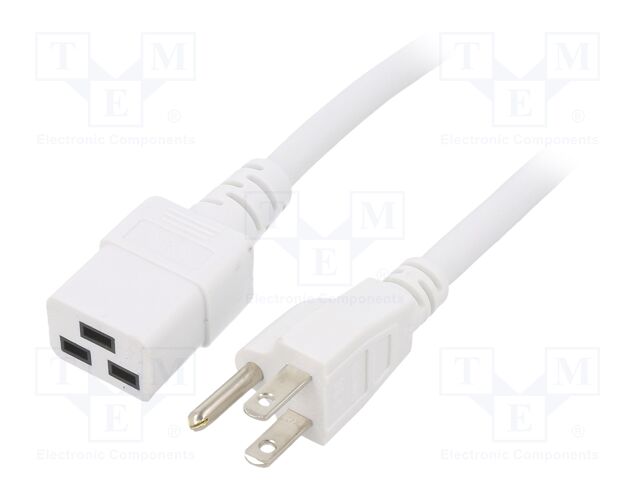 Cable; 3x14AWG; IEC C19 female,NEMA 5-15 (B) plug; PVC; 1m; white