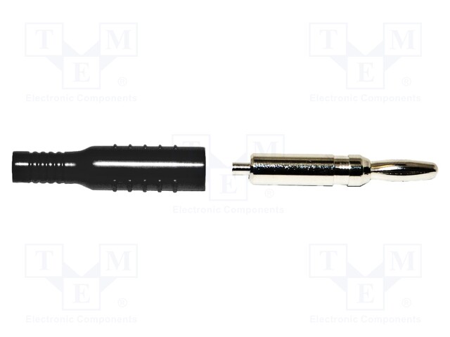 Plug; 4mm banana; 15A; black; nickel plated; soldered,crimped