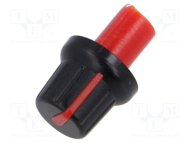 Knob; with pointer; ABS; Øshaft: 6mm; Ø15.8x13.8mm; black; push-in