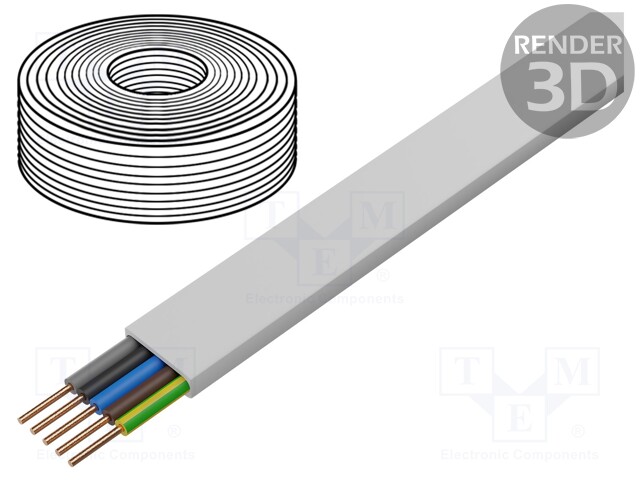 Wire; YDY; flat; solid; Cu; 5x1,5mm2; PVC; white; 450/750V; 100m