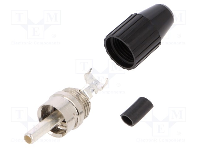 Plug; RCA; male; straight; soldered; black; brass; for cable