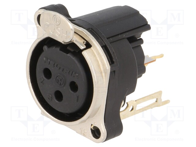 Socket; XLR; female; PIN: 3; angled 90°; with push button; THT; 6A