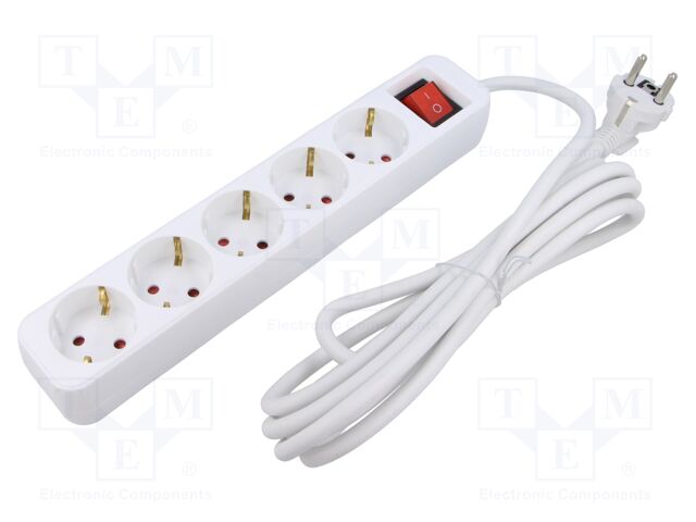 Extension lead; 3x1mm2; Schuko; Sockets: 5; rubber; white; 3m; 10A