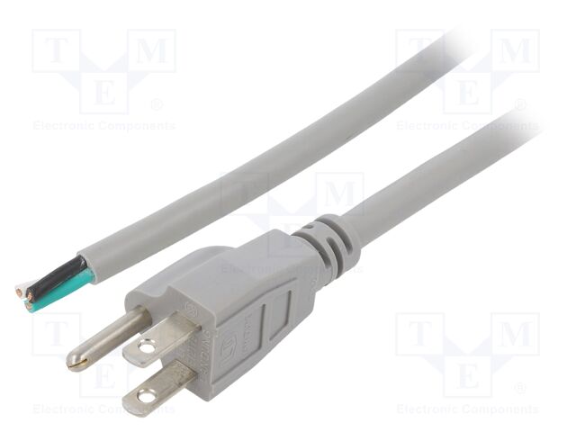 Cable; 3x16AWG; NEMA 5-15 (B) plug,wires; PVC; 1.8m; grey; 13A