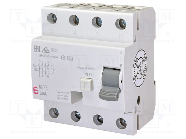 RCD breaker; Inom: 80A; Ires: 30mA; Poles: 4; 230/400V; DIN; IP20