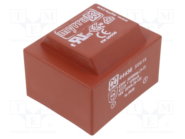 Transformer: encapsulated; 22VA; 230VAC; 18V; 1222mA; Mounting: PCB