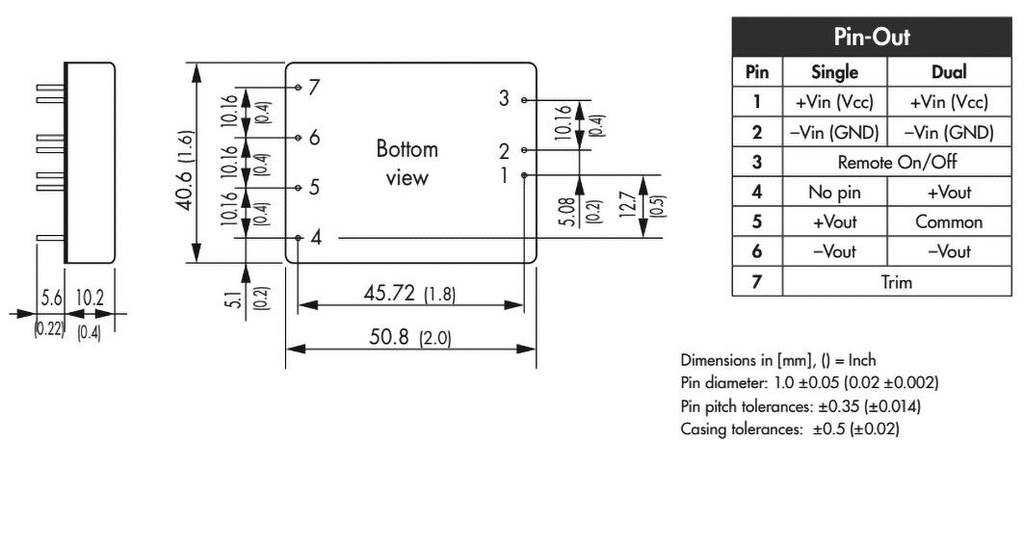 Converter: DC/DC; 20W; Uin: 18÷75V; 5VDC; Iout: 4000mA; 2"x1,6"; 50g