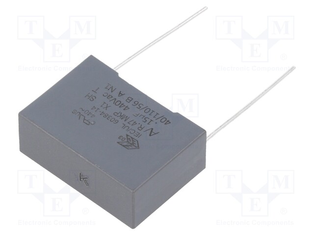 Capacitor: polypropylene; X1; 0.15uF; 440VAC; ±10%; THT; -40÷110°C