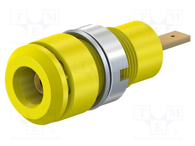 Socket; 2mm banana; 10A; 28mm; yellow; Mounting: soldered,on panel