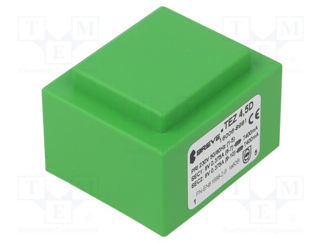 Transformer: encapsulated; 4.5VA; 230VAC; 6V; 6V; 375mA; 375mA; IP00