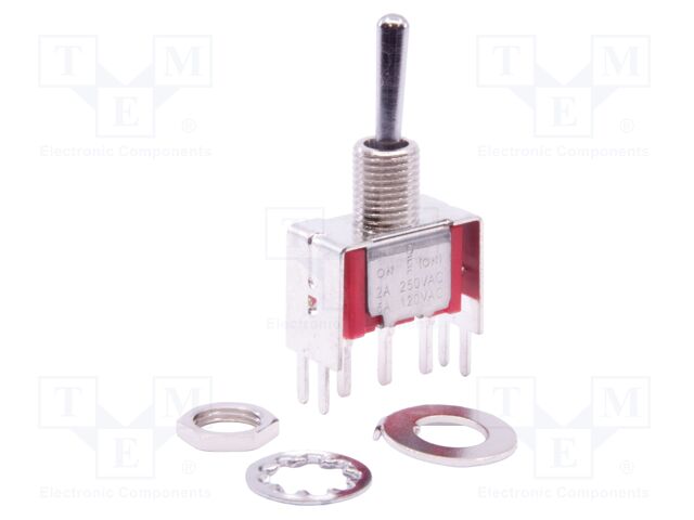 Switch: toggle; Pos: 3; SP3T; ON-OFF-(ON); 2A/250VAC; 5A/28VDC; THT