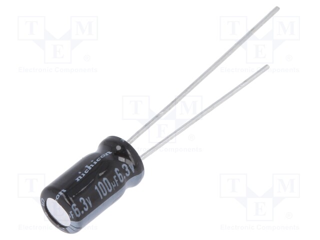 Capacitor: electrolytic; THT; 100uF; 6.3VDC; Ø5x9mm; Pitch: 2mm