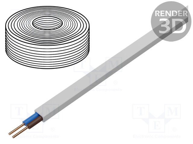 Wire; YDY; flat; solid; Cu; 2x1mm2; PVC; white; 450/750V; 100m