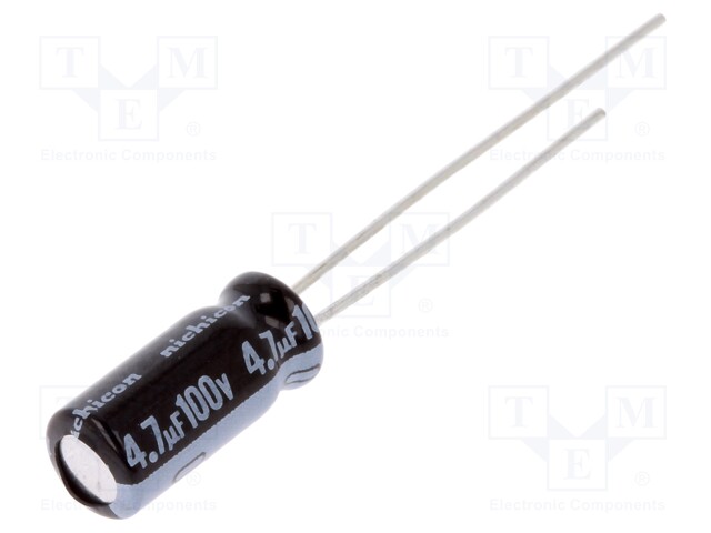 Capacitor: electrolytic; THT; 4.7uF; 100VDC; Ø5x11mm; Pitch: 2mm