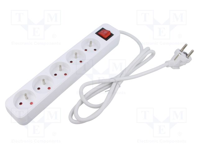 Extension lead; 3x1mm2; Sockets: 5; rubber; white; 1.5m; 10A