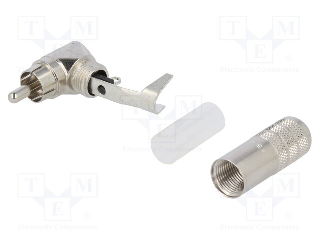 Plug; RCA; male; angled 90°; soldering; silver; nickel plated
