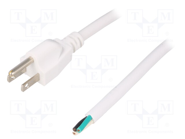 Cable; NEMA 5-15 (B) plug,wires; 5m; white; PVC; 3x16AWG; 13A; 125V