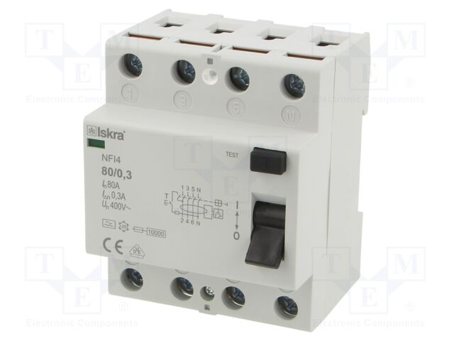 RCBO breaker; Inom: 80A; Ires: 300mA; Poles: 4; 400VAC; IP20; RCCB