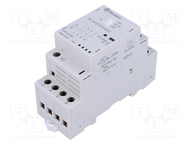Relay: installation; monostable; NC x2 + NO x2; Ucoil: 24VAC; 25A