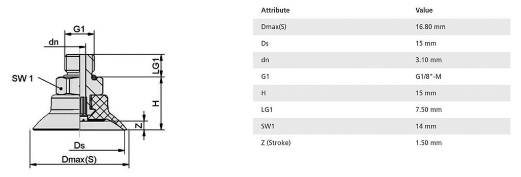 Suction cup; 15mm; 4.7g; G 1/8 M; Shore hardness: 55; 0.22cm3; SUF