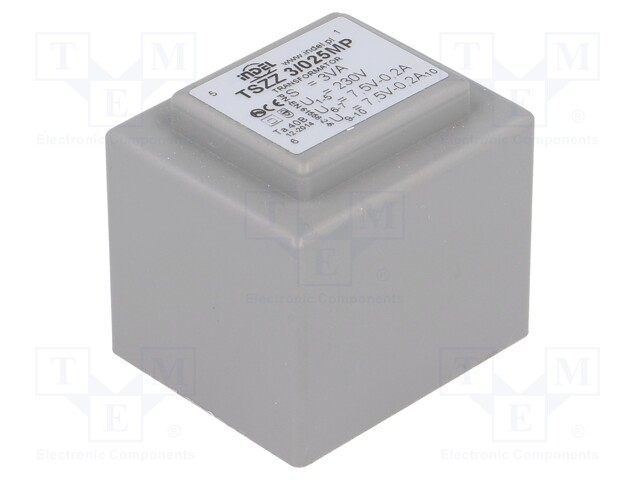 Transformer: encapsulated; 3VA; 230VAC; 7.5V; 7.5V; 0.2A; 0.2A; IP00