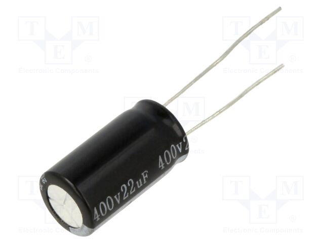 Capacitor: electrolytic; THT; 22uF; 400VDC; Ø10x18mm; ±20%; 125mA
