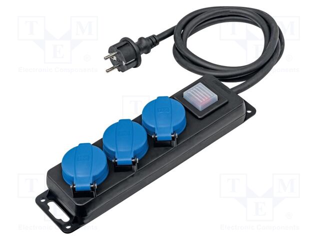 Extension lead; 3G1.5mm2; with flap; Sockets: 3; rubber; black