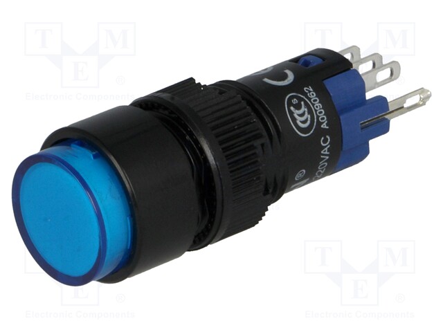 Switch: push-button; Pos: 2; SPDT; 0.5A/250VAC; 1A/24VDC; blue; blue