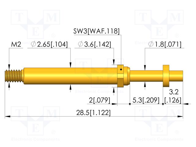 Test needle; Spring compression: 4mm; 5mm; 8A; CuBe; gold-plated
