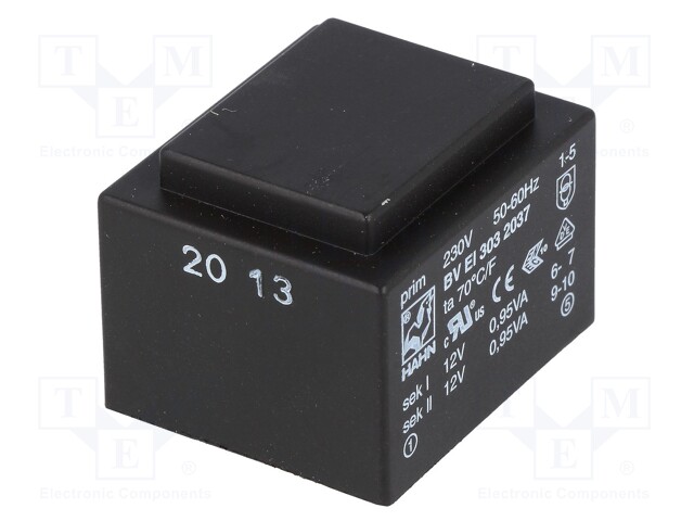 Transformer: encapsulated; 1.9VA; 230VAC; 12V; 12V; 79mA; 79mA; 81g