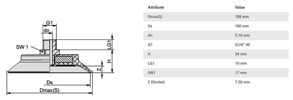 Suction cup; 100mm; 112.1g; G 1/4 M; Shore hardness: 60; 46.4cm3