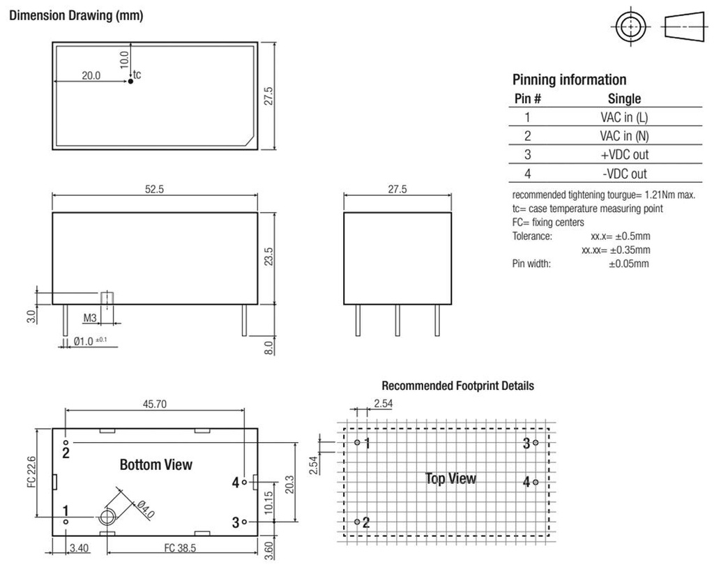 Converter: AC/DC; 20W; Uout: 3.3VDC; Iout: 3.6A; 73%; Mounting: PCB