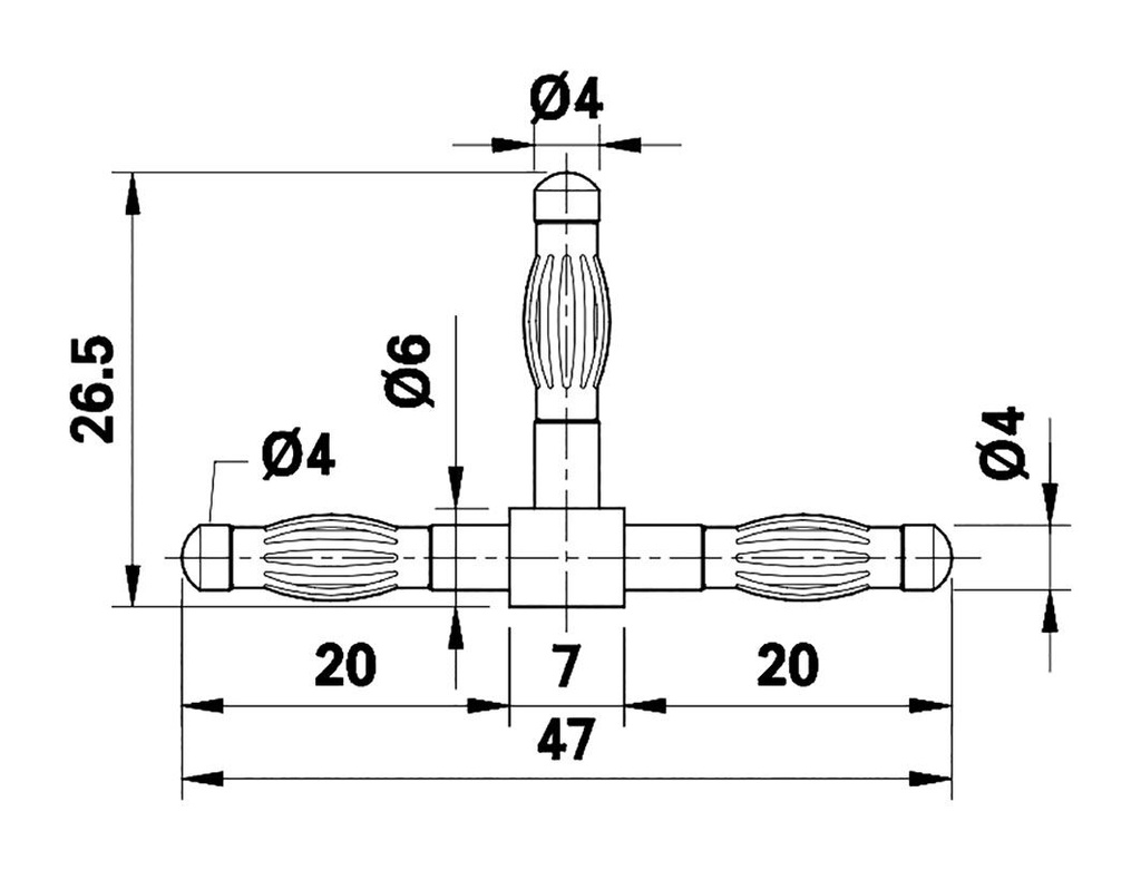 T-plug; adapter; banana 4mm plug x3; 50A; triple; 0.8mΩ; 47mm
