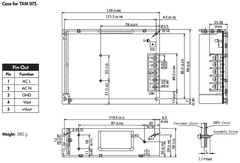 Power supply: switched-mode; modular; 60W; 5VDC; 129x99x38mm; 12A