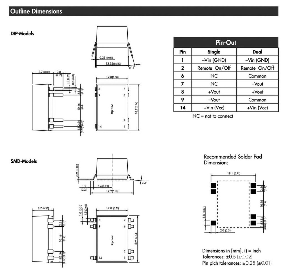 Converter: DC/DC; 3W; Uin: 18÷75V; Uout: 12VDC; Uout2: -12VDC; DIP8