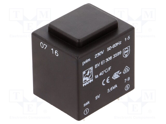 Transformer: encapsulated; 3.6VA; 230VAC; 9V; 400mA; Mounting: PCB