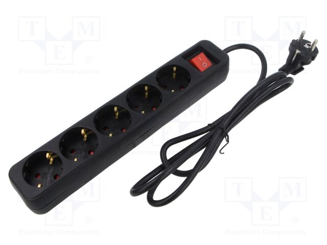 Extension lead; 3x1mm2; Schuko; Sockets: 5; rubber; black; 1.5m; 10A