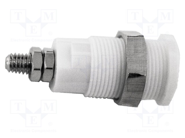 4mm banana; 36A; 1kV; white; nickel plated; on panel,screw; brass